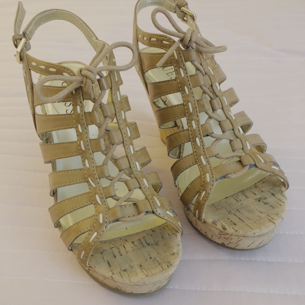 Tan Guess strappy cork wedges